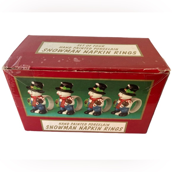 Set of 4 Hand Painted Porcelain Snowman Napkin Rings World Bazaars with Box - Picture 9 of 10